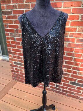 Gianni Bini Black Sequin V Neck Tank Top with Spaghetti Straps Size L